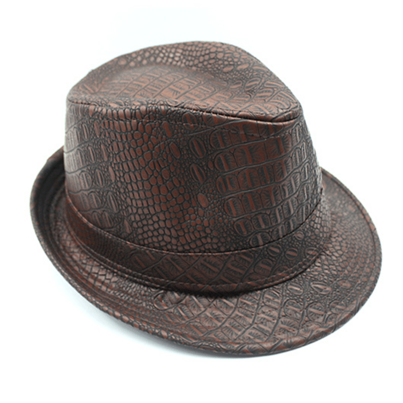 Mens PU Leather Crocodile Pattern Jazz Hat Outdoor Middle-Aged Wide Brimmed Fedora Hats - MRSLM