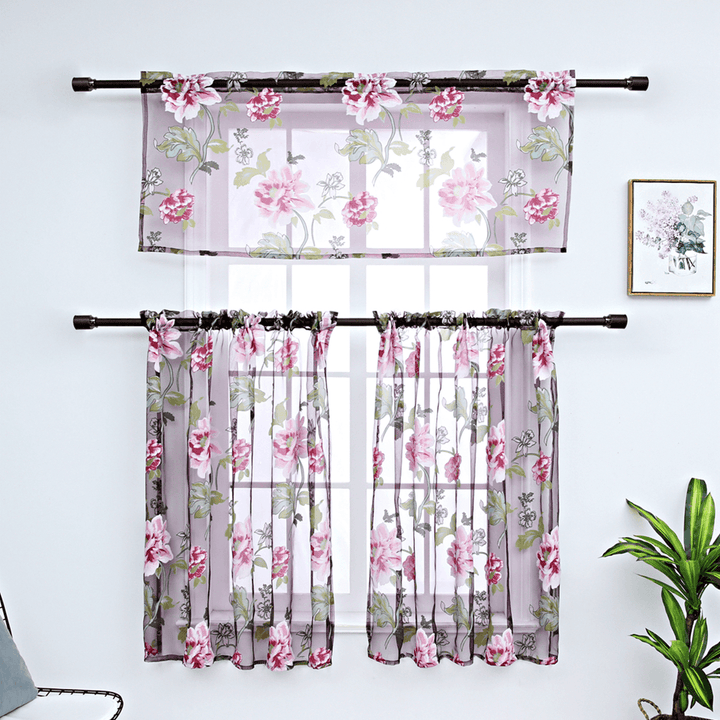 3 PCS Kitchen Curtain Washable Rod Pocket Curtain Tier Embroidered Floral Sheer Curtain - MRSLM