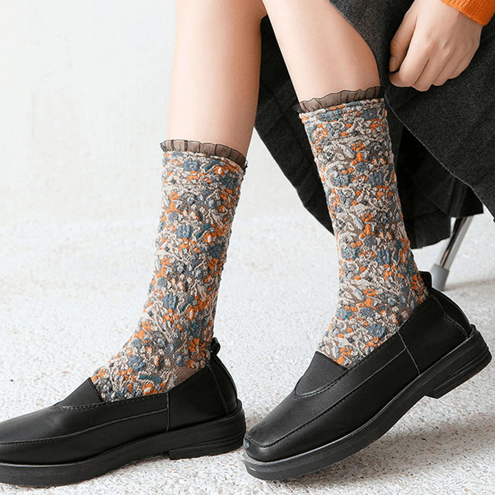 10 Pairs Women Retro Embossed Jacquard Tube Socks Fashion Mid-Length Breathable Absorbsweat Lace Socks - MRSLM