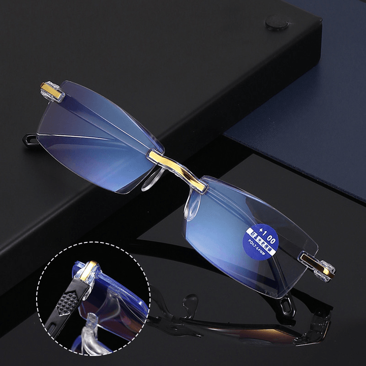 Unisex Anti-Blue Light Frameless HD Diamond Trimming Dual-Use Reading Glasses Presbyopic Glasses - MRSLM