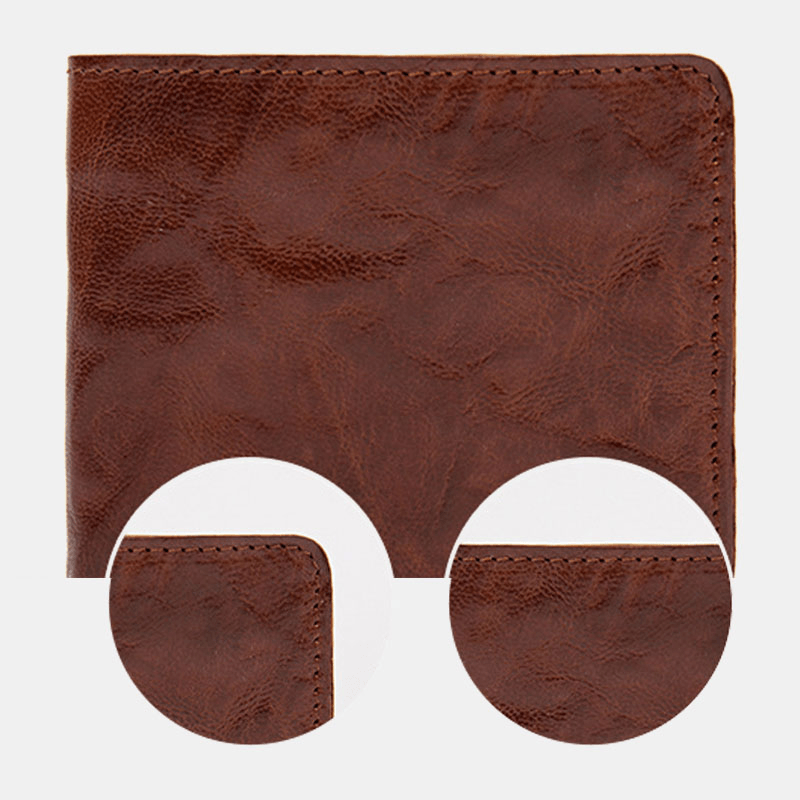 Men Genuine Leather Vintage Business Vegetable Tanned Cowhide Wear-Resistant Bifold Short Money Clips Coin Wallet - MRSLM