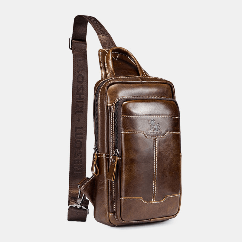 Men Genuine Leather Waxed Leather Cowhide Retro Fashion Business Chest Bag Shoulder Bag - MRSLM