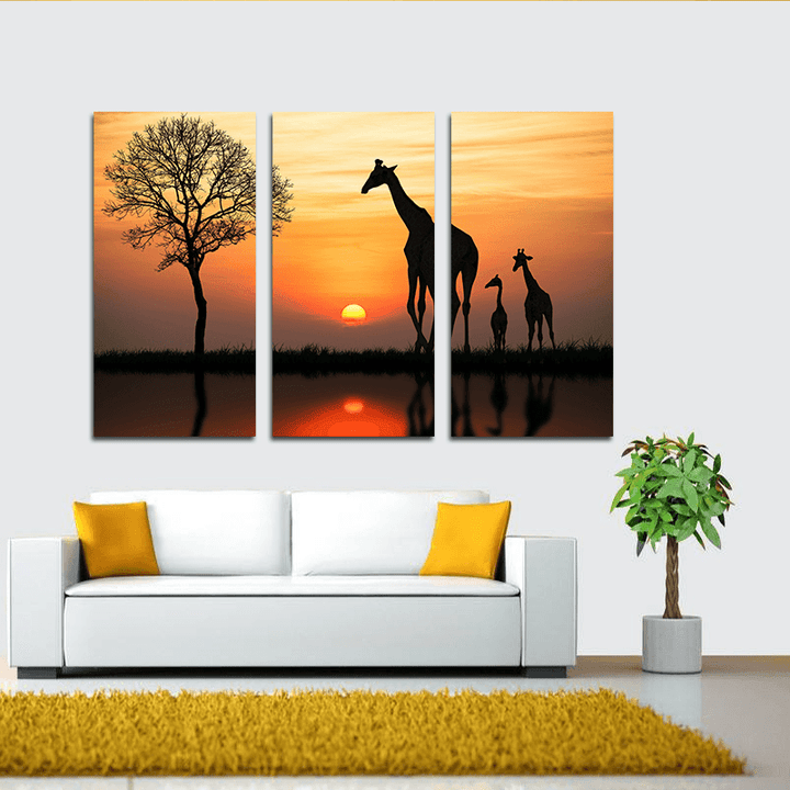 Miico Hand Painted Three Combination Decorative Paintings Giraffe in the Sunset Wall Art for Home Decoration - MRSLM