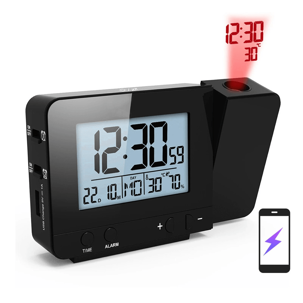 Projection Alarm Clock for Bedroom with Thermometer Hygrometer Digital Project Ceiling Clock Dimmable LED Display with USB Charger 180°Rotable with Dual Alarms 12/24H Snooze - MRSLM