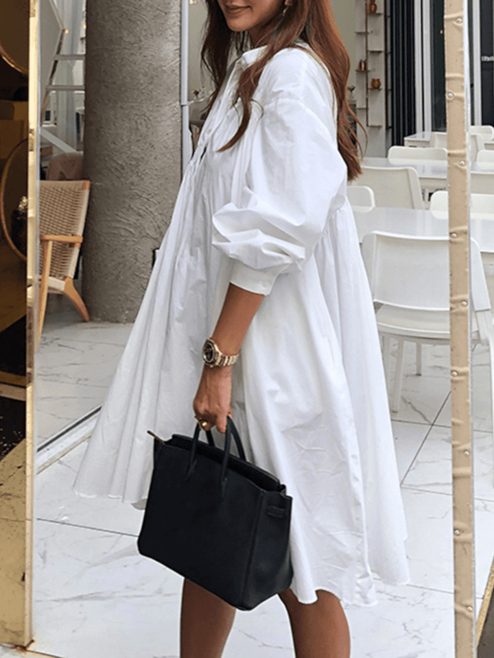 Women Solid Color Pleated Long Sleeve Casual Shirt Midi Dresses - MRSLM