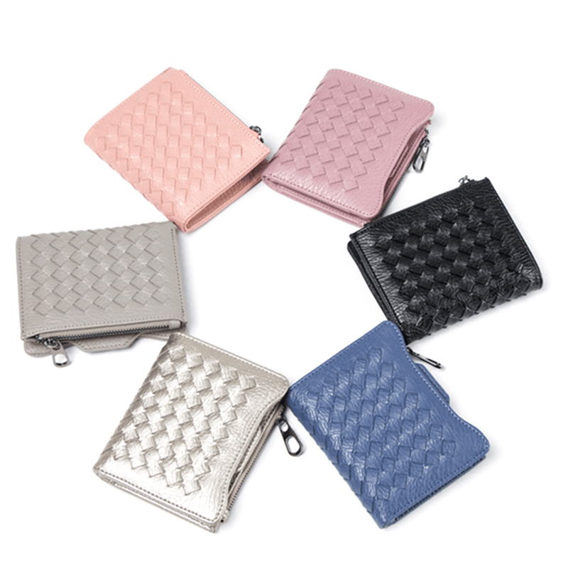 Women PU Leather Woven Pattern Short Wallet Credit Card Holder Coins Bag - MRSLM