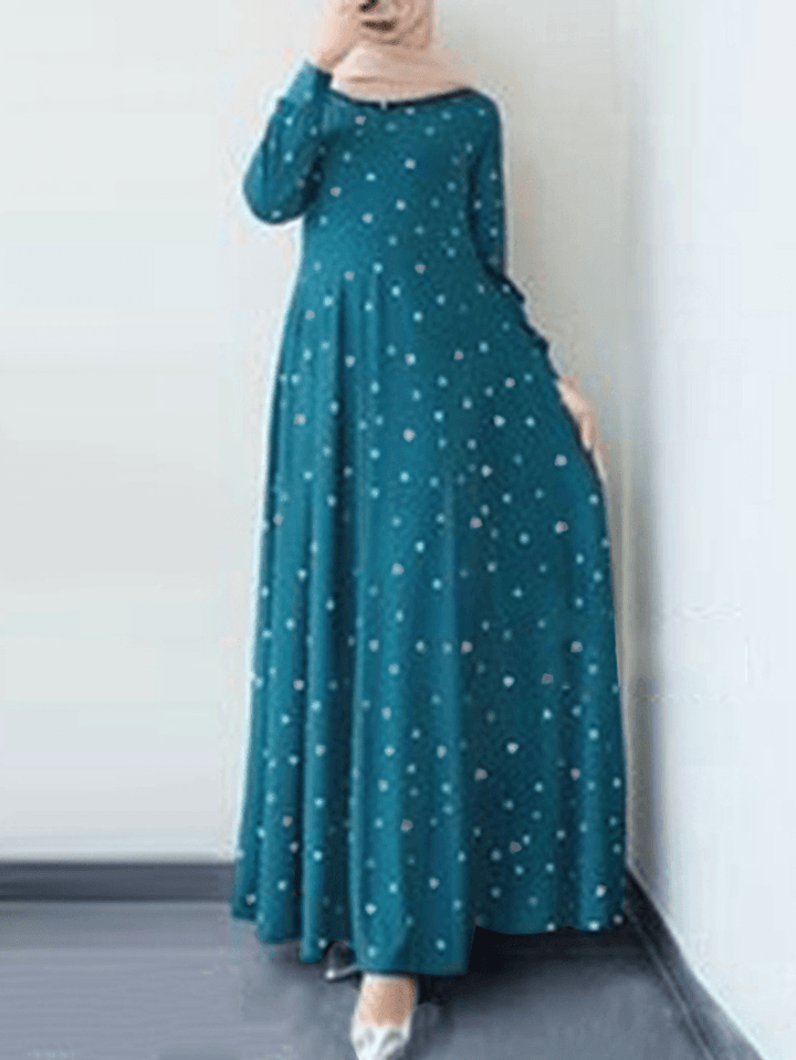 Women Geometric Printed O-Neck Button Cuffs Bohemian Muslim Kaftan Maxi Dress - MRSLM