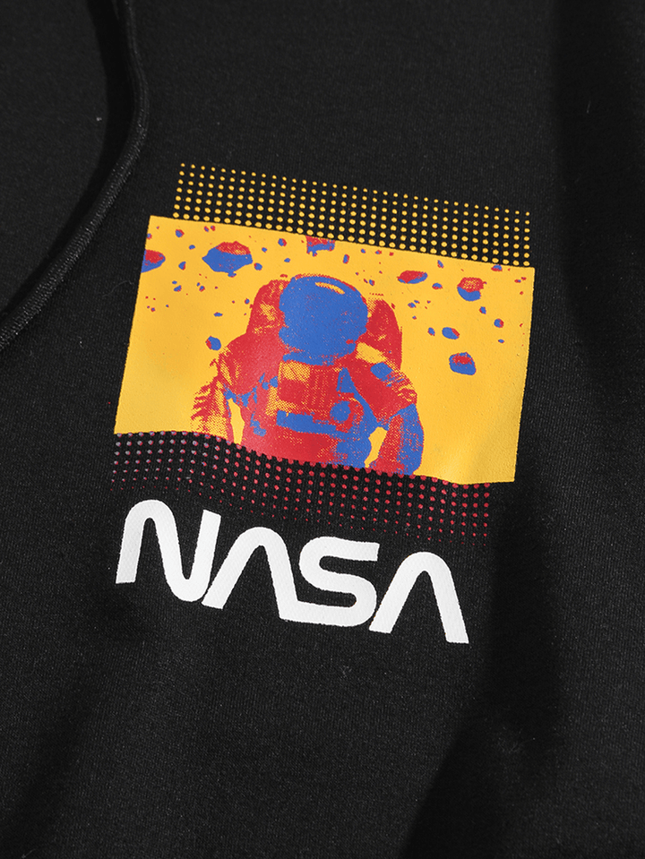 Mens Astronaut Print Black Kangaroo Pocket Long Sleeve Hoodies - MRSLM