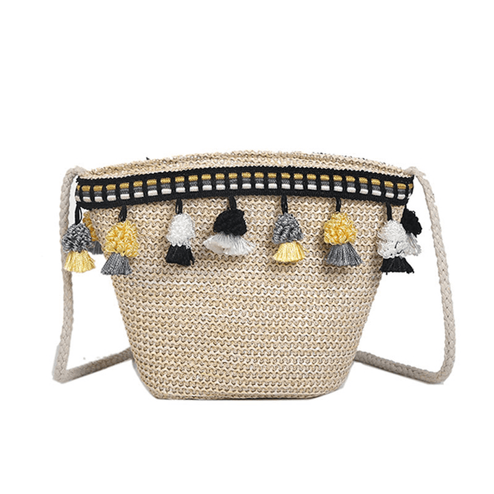 Straw Tassel Leisure Zipper Bucket Bag Shoulder Bag - MRSLM