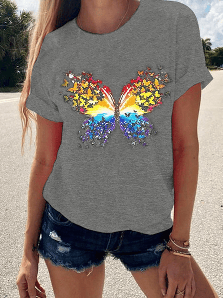 Butterfly Print round Neck Short Sleeve Summer Wild Casual T-Shirts - MRSLM