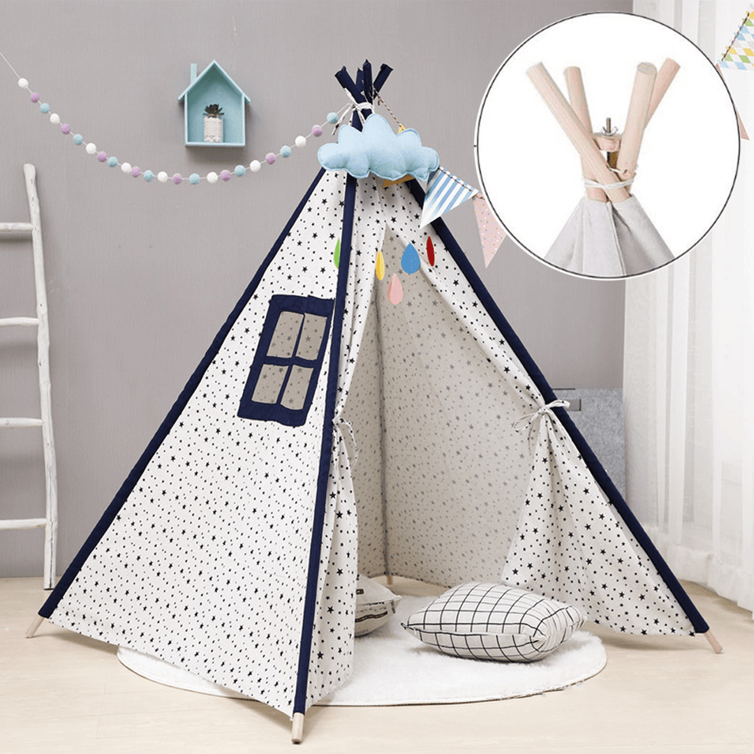 Teepee Children Playhouse Kids Play Tent Natural Cotton Canvas Gift for Boys Girls Indoor Outdoor Tent - MRSLM