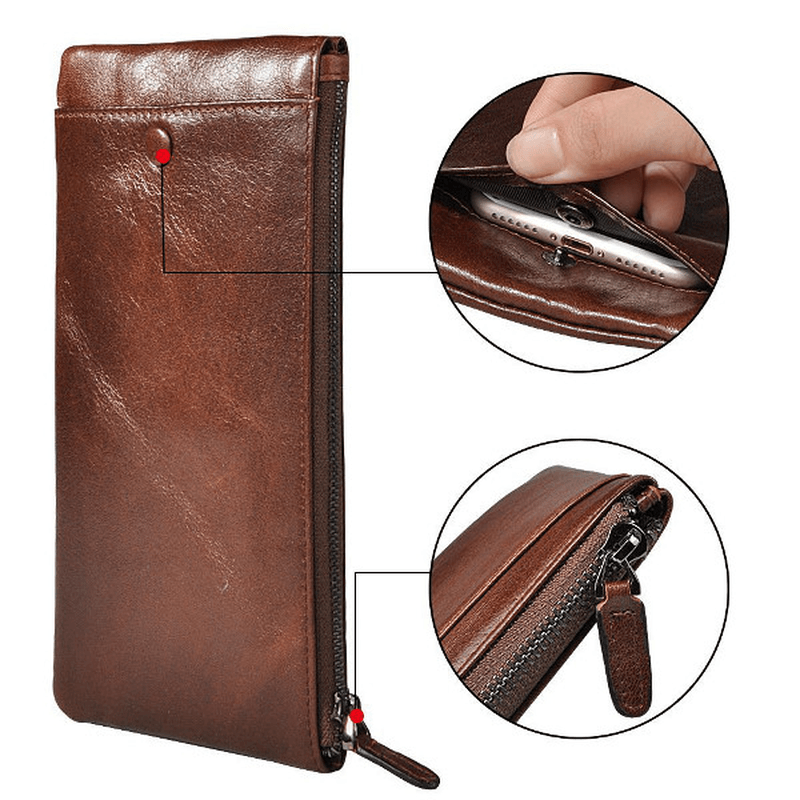 Genuine Leather Zipper Long Wallet Purse Card Holder 5.5'' Phone Case for Iphone Huawei Samsung - MRSLM