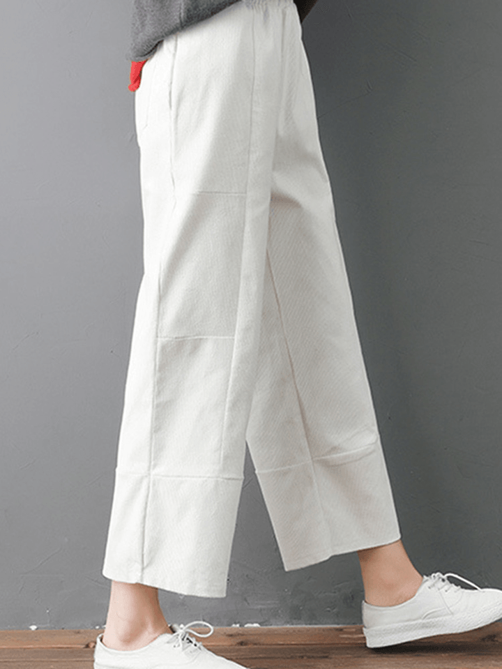 Women Pure Color Elastic Waist Pockets Corduroy Pants - MRSLM