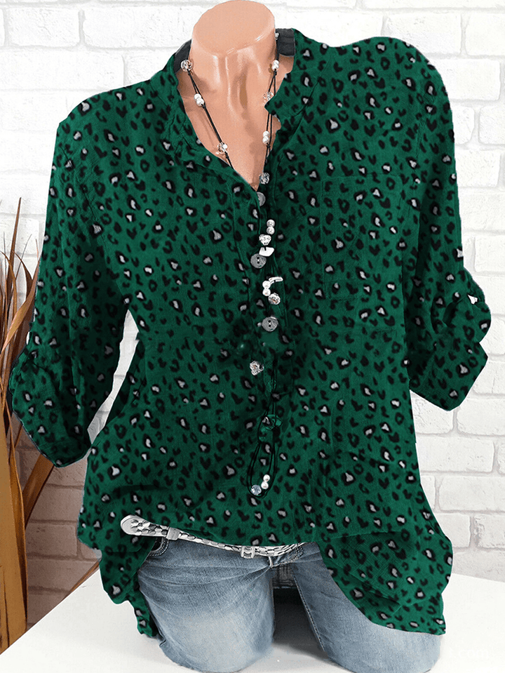 Women Leopard Print Stand Collar Vintage Casual Stylish Long Sleeve Blouse - MRSLM