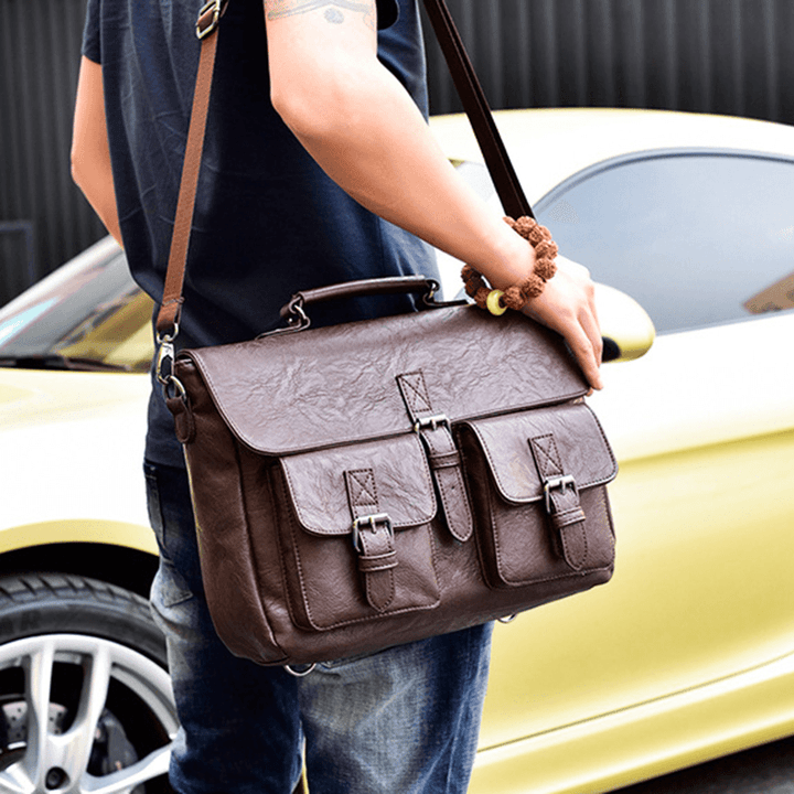 Men PU Leather Canvas Large Capacity 14 Inch Multifuntion Briefcase Crossbody Bags Handbag Backpack - MRSLM