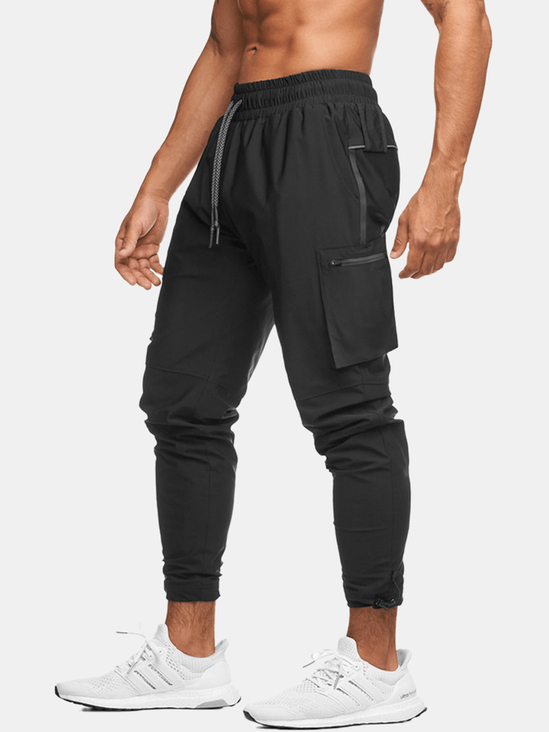 Mens Solid Color Multi Pocket Reflective Drawstring Sport Cargo Jogger Pants - MRSLM