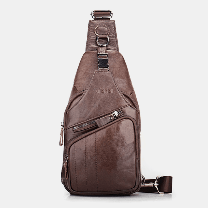 Men Genuine Leather Multi-Pocket Large Capacity Vintage First Layer Cowhide Crossbody Bags Shoulder Bag Chest Bag - MRSLM