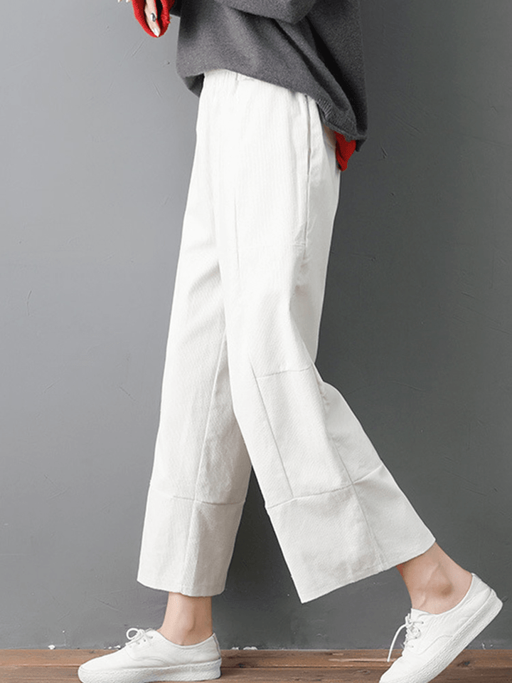 Women Pure Color Elastic Waist Pockets Corduroy Pants - MRSLM