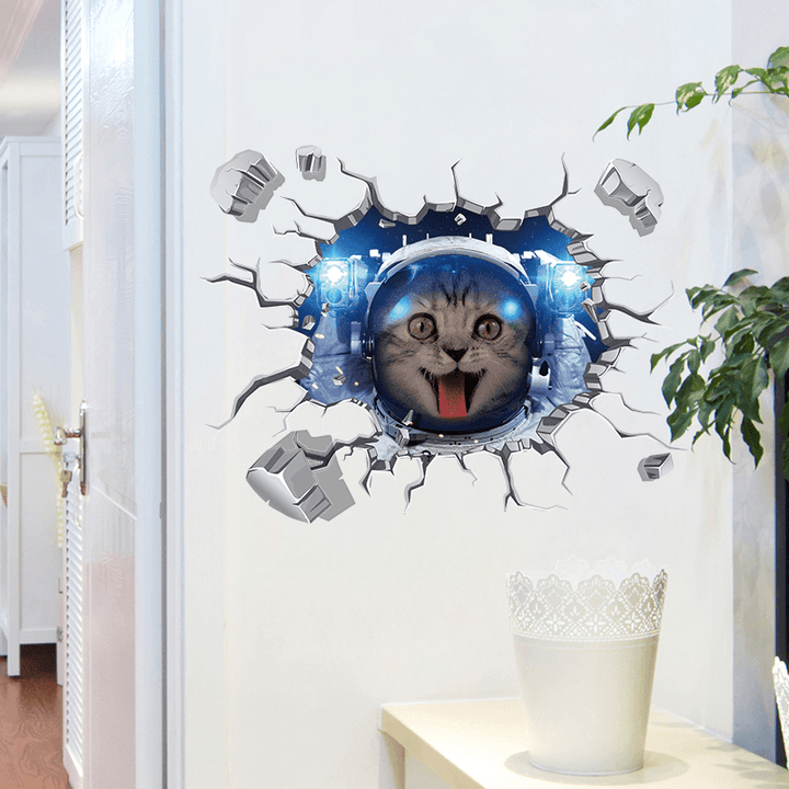 Miico Creative 3D Space Astronaut Cat Broken Wall PVC Removable Home Room Decorative Wall Floor Decor Sticker - MRSLM