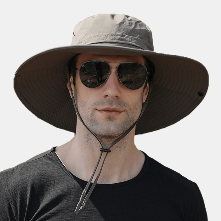 Men Dual-Use Anti-Uv Bucket Hat Big Brim Windproof Rope Adjustable Outdoor Fishing Sunshade Hat - MRSLM