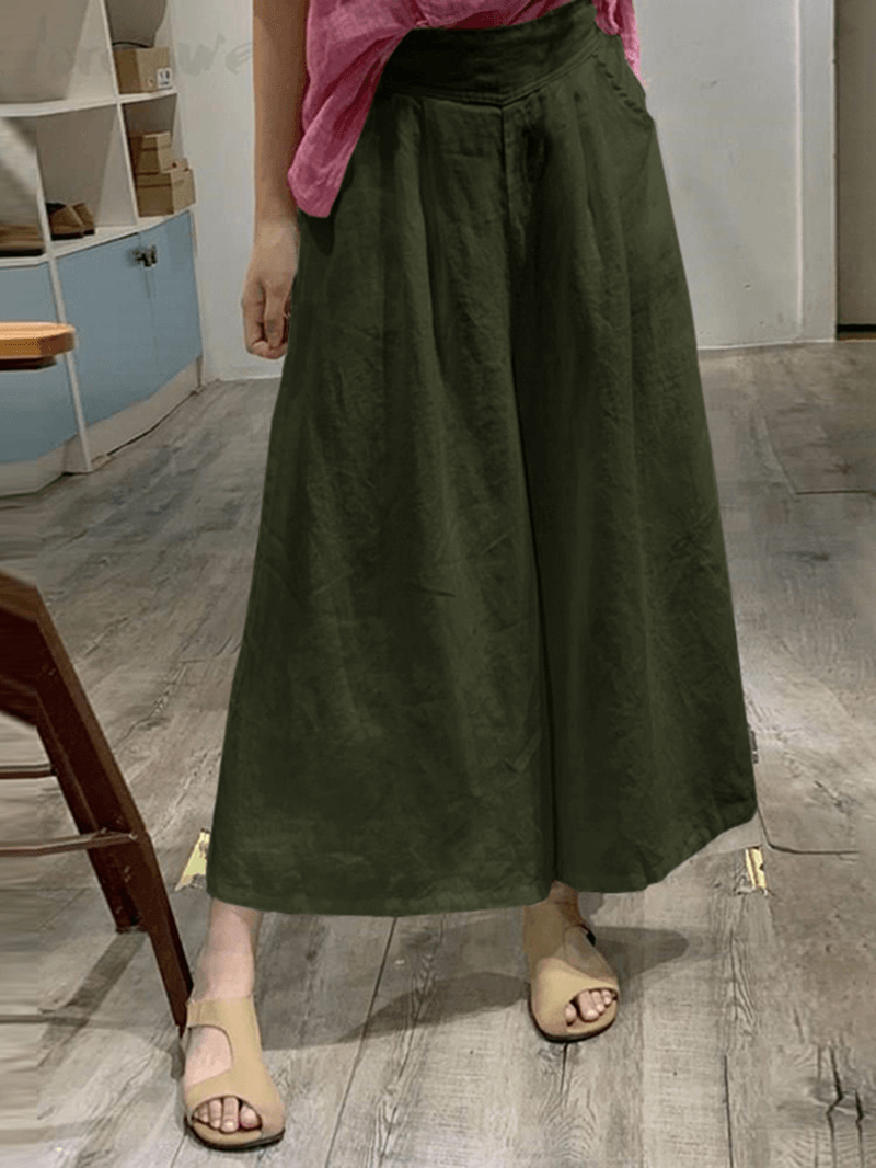 Women Cotton Elastic Waist Wide Leg Pants Casual Culottes with Pocket - MRSLM