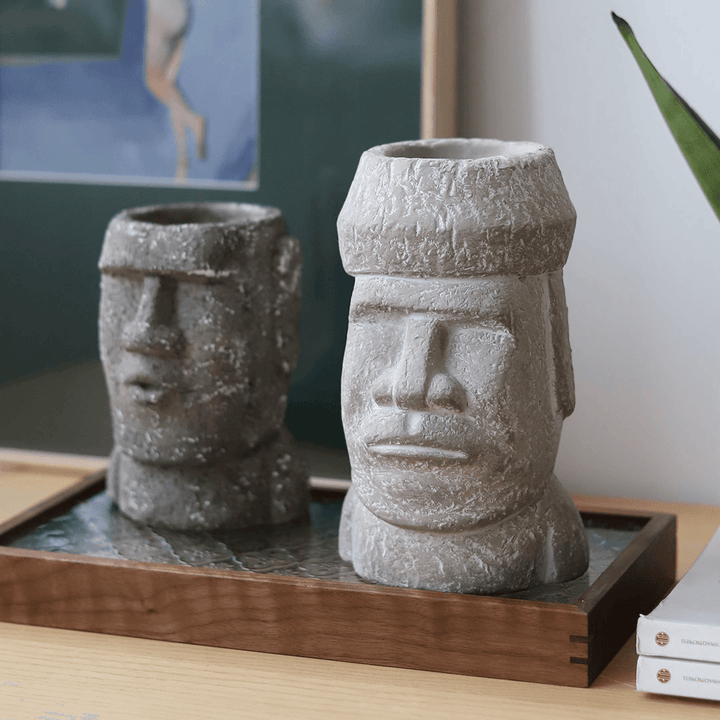 Yuihome Vintage Cement Easter Moai Stone Portrait Organizer Stone Statue Sandstone Flower Pot Pen Holder Desktop Container Decor - MRSLM