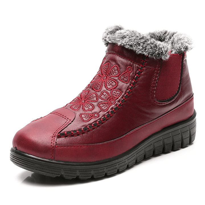 Women Comfy Floral Embroidered Waterproof Warm Lining Cotton Snow Boots - MRSLM