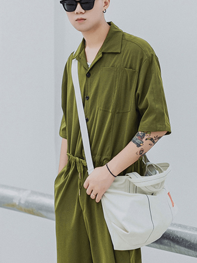 Men Solid Color Chest Pocket Drawstring Half Sleeve Rompers Pants - MRSLM