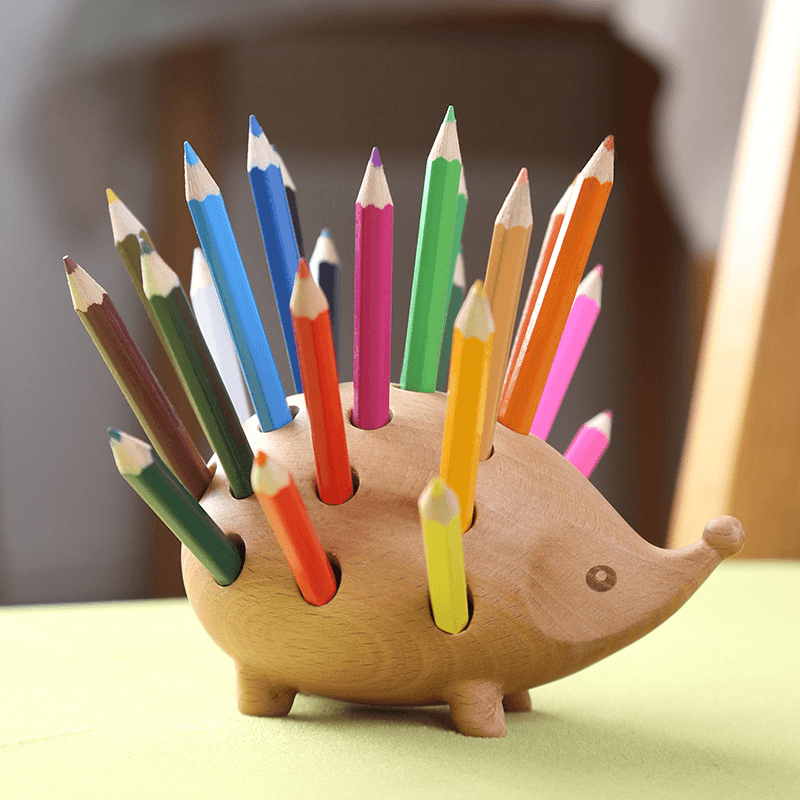 Solid Wood Hedgehog Pen Holder Obliquely Inserted Wooden Animal Pen Holder - MRSLM