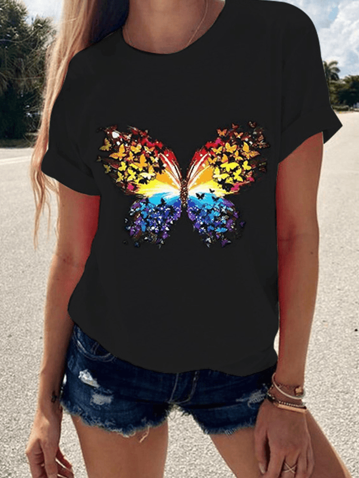 Butterfly Print round Neck Short Sleeve Summer Wild Casual T-Shirts - MRSLM