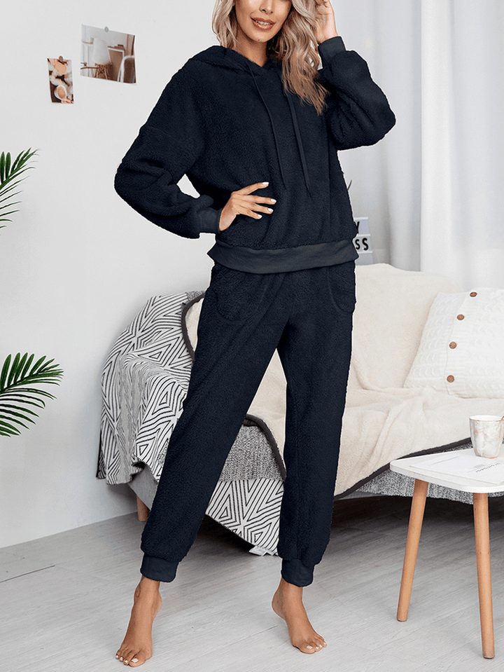 Women Fleece Thick Solid Color Pullover Hoodie Jogger Pants Home Casual Pajamas Set - MRSLM