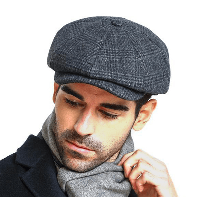 Men Vintage Wool Gird Painter Beret Hat Winter Warm Gentleman Octagonal Newsboy Cap - MRSLM