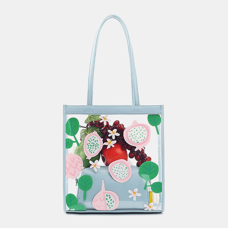 Women 2Pcs Waterproof Transparent Print Fruit PVC Multi-Carry Handbag Tote - MRSLM