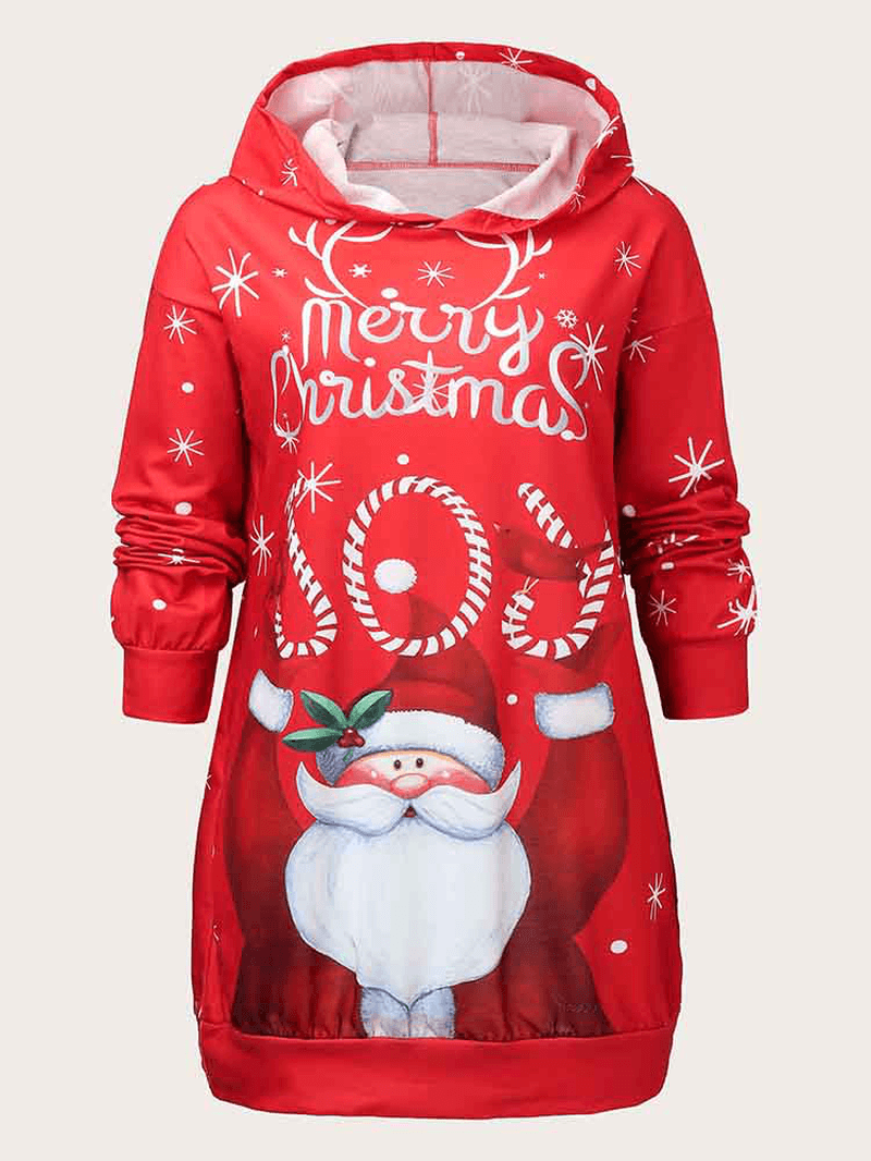 Women Christmas Santa Claus Pattern Side Pockets Long Sleeve Casual Hooded Sweatshirt - MRSLM