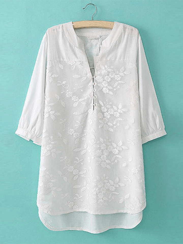 Women Floral Embroidery V-Neck 3/4 Sleeve Blouse - MRSLM