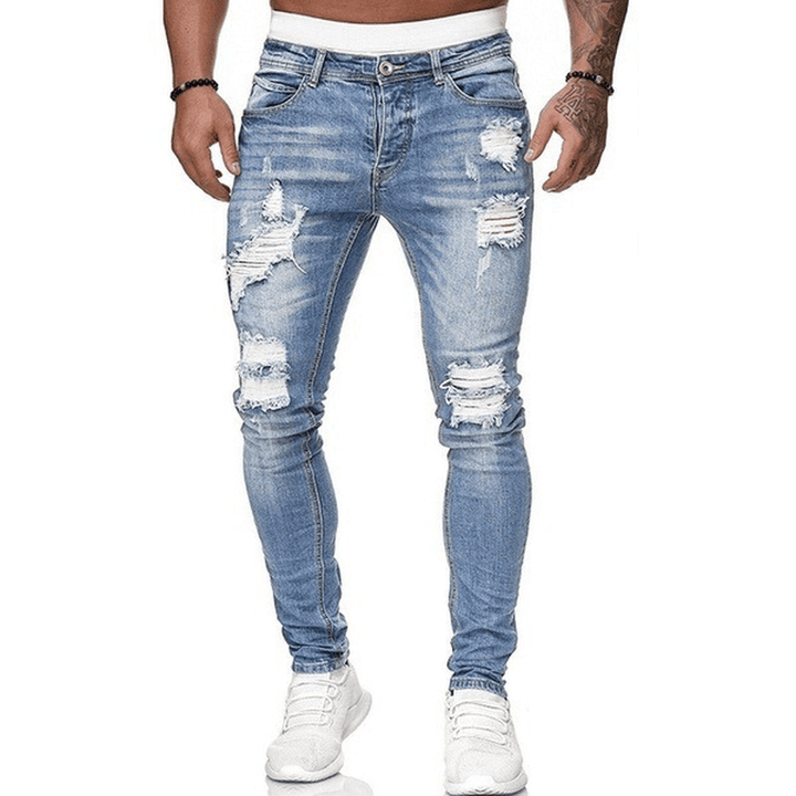 Ripped White Slim Denim Trousers Fashion Foot Pants - MRSLM