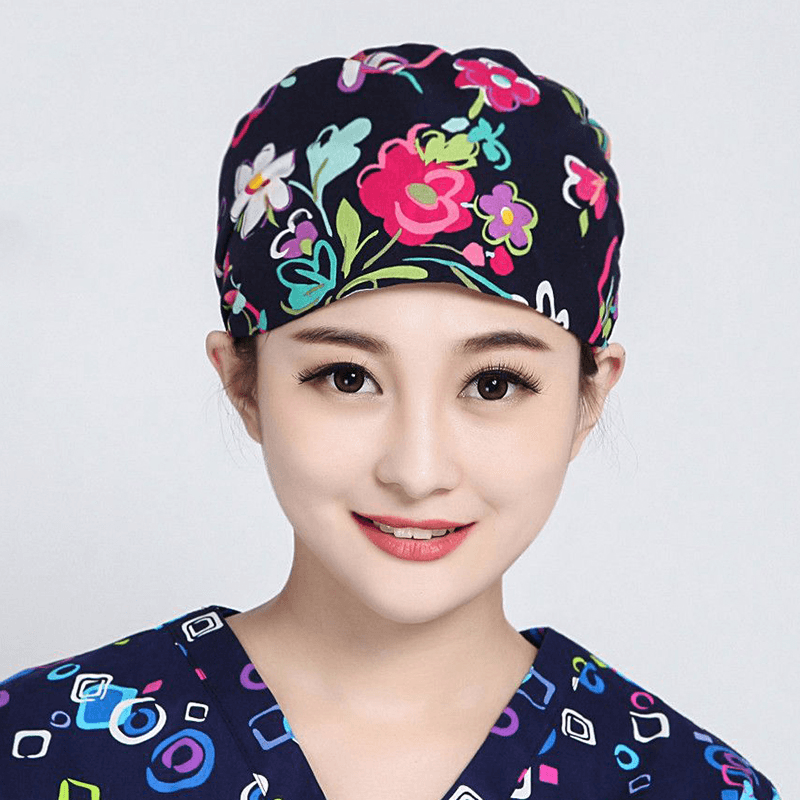 Women Flower Print Cotton Surgical Cap Doctor Nurse Work Hat - MRSLM