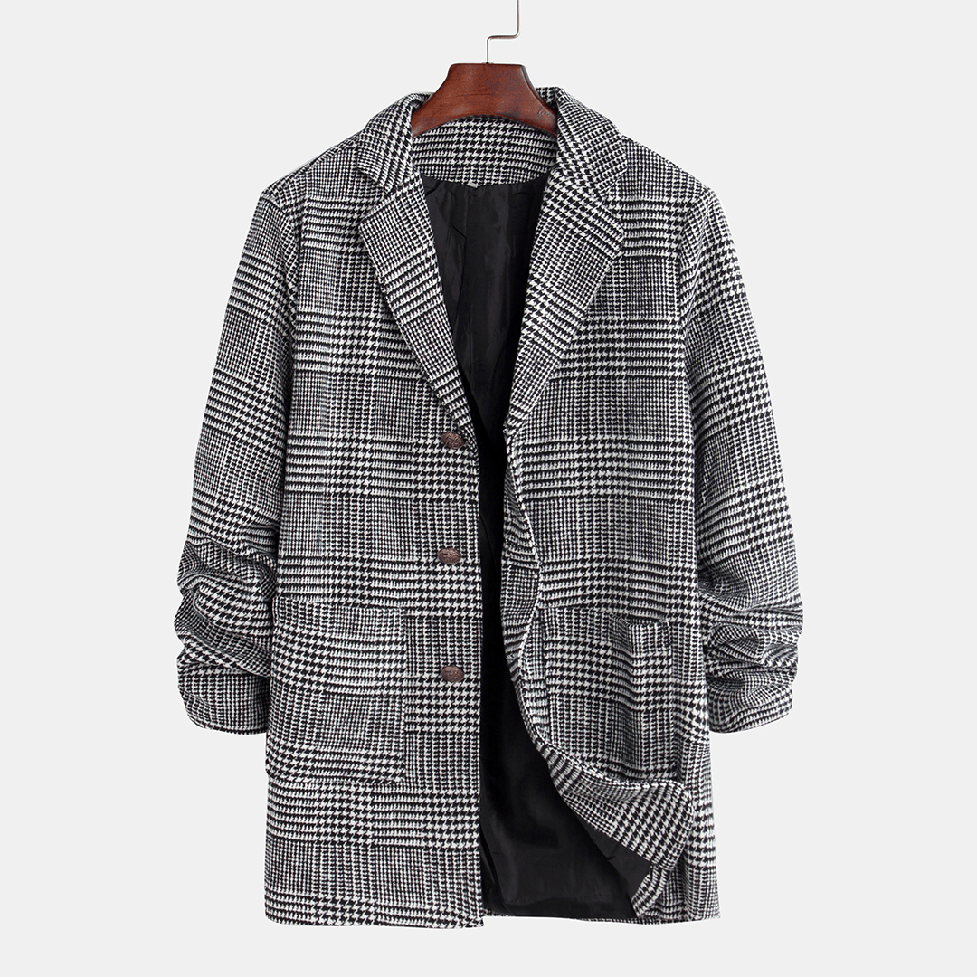 Mens Plaid Black White Big Pockets Turn down Collar Coats - MRSLM