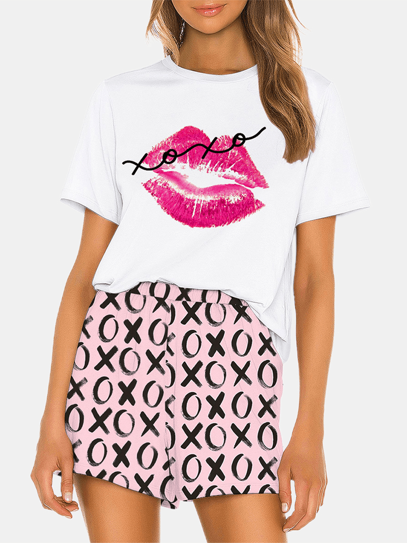 Women Funny Kiss Letter Print Loose Print Loose Breathable Pajama Set - MRSLM