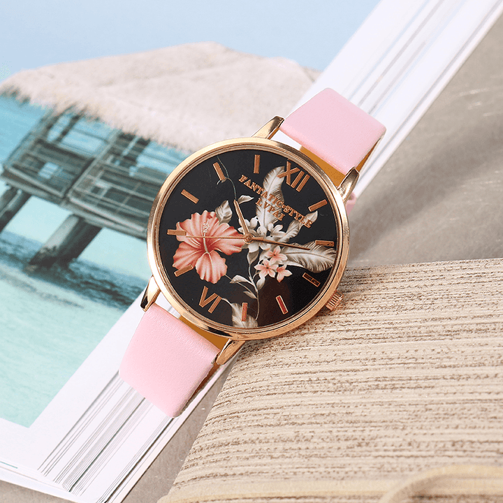 LVPAI Fashion Flower Pattern PU Leather Strap Womenwrist Watch Ladies Dress Quartz Watch - MRSLM