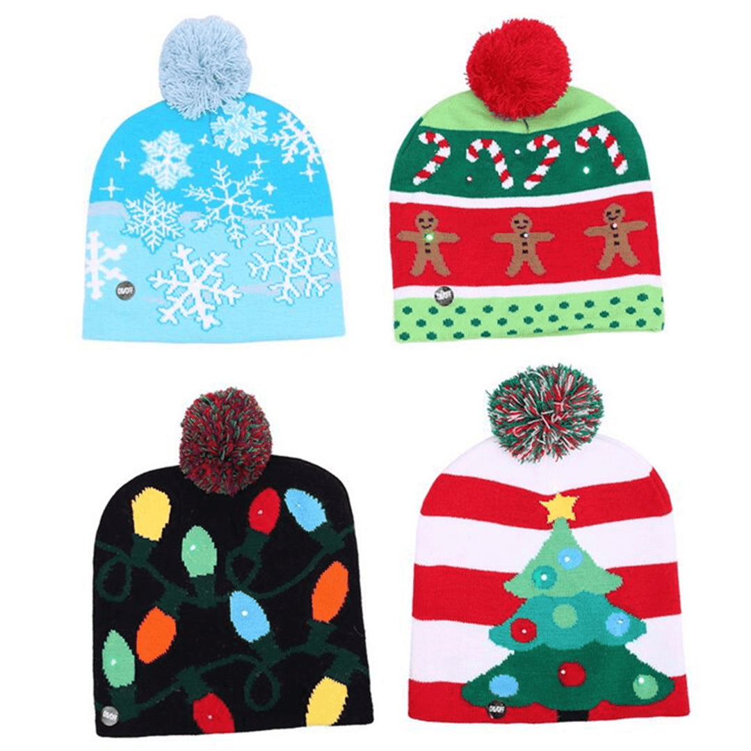 Christmas LED Light Winter Warm Beanie Cap Santa Claus Snowflake Knitted Hat - MRSLM