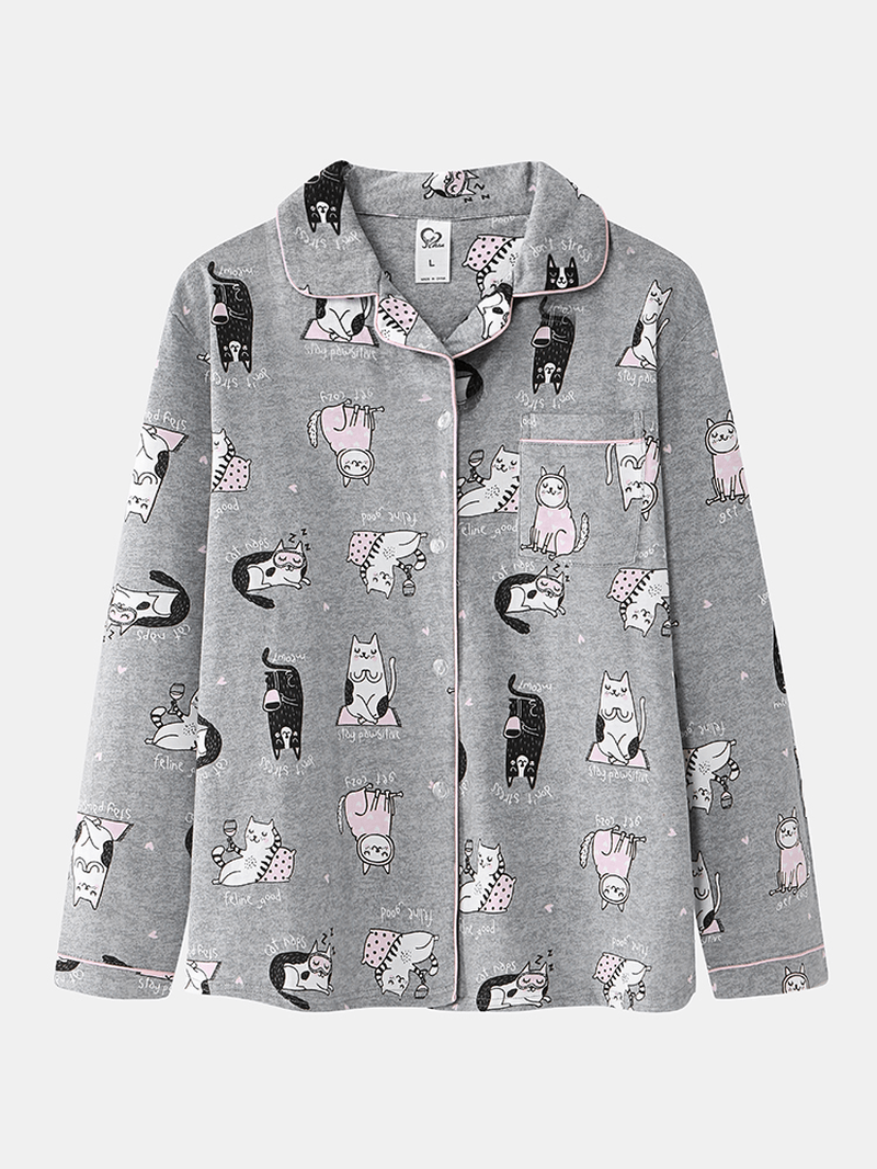 Women Allover Cartoon Cats Print Lapel Long Sleeve Cotton Loungewear Comfy Home Pajamas Sets - MRSLM