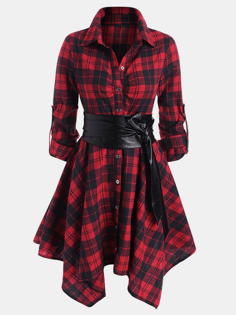 Women Classic Plaid Asymmetrical Shirt Dress with Belt - MRSLM