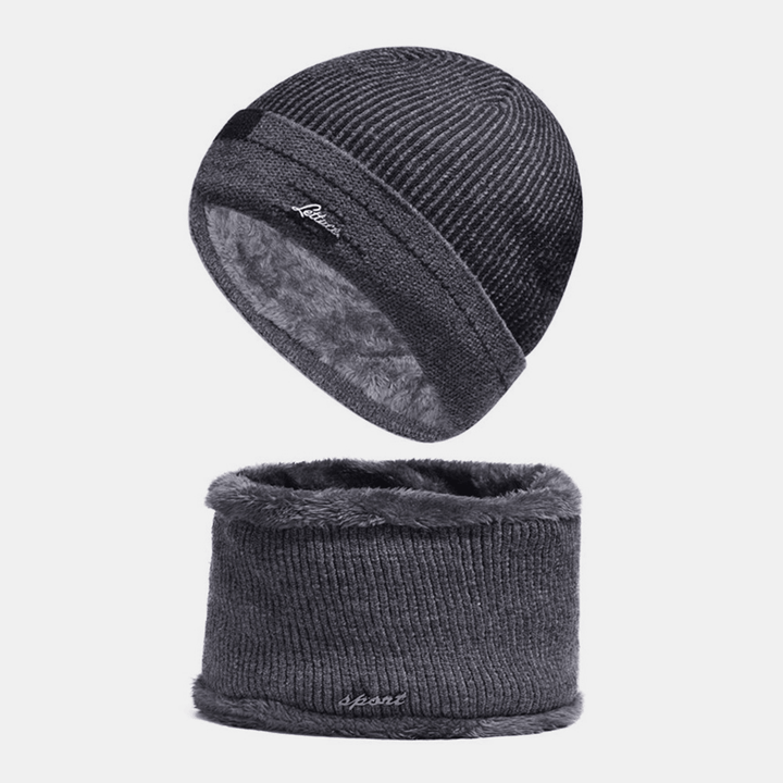 2 Pcs Men Wool Knitted Striped Letter Metal Label plus Velvet Warmth Beanie Hat Bib Scarf Set - MRSLM