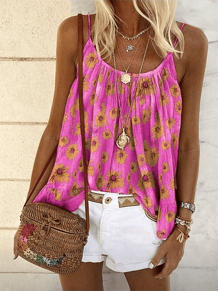 Daisy Print Sleeveless Straps Loose Tank Tops - MRSLM