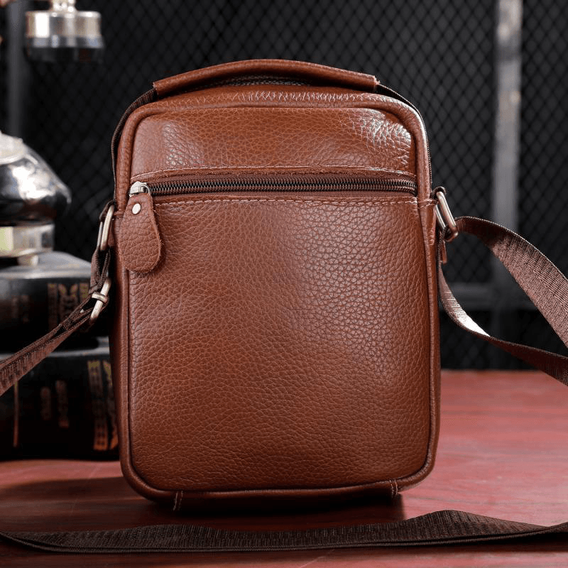 Men Genuine Leather Multi-Pocket Vintage 6.3 Inch Phone Bag Crossbody Bags Shoulder Bag Handbag - MRSLM