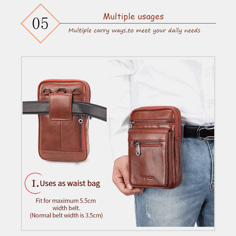 Men Genuine Leather Cowhide Multi-Carry Retro 7.2 Inch Phone Crossbody Bag Hanging Belt Bag Waist Bag - MRSLM