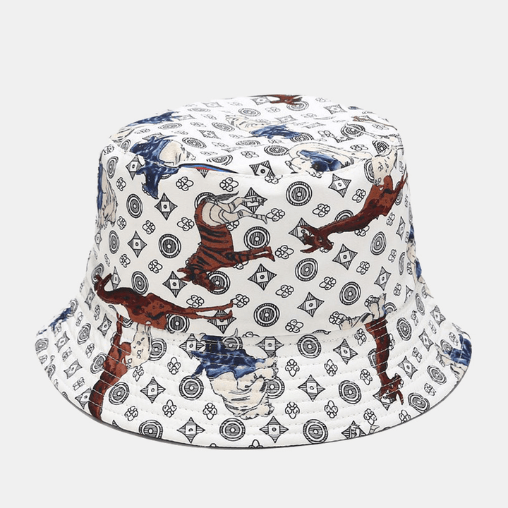 Unisex Double-Side-Wear Geometry Printed Bucket Hat Cartoon Horse Pattern Foldable Sunshade Fishing Hat - MRSLM
