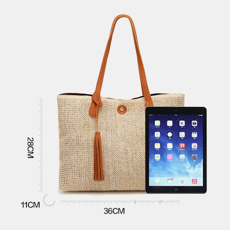 Women Tassel Decoration Large Capacity Hollow Straw Bags Handbag Shoulder Bag Beach Bag - MRSLM