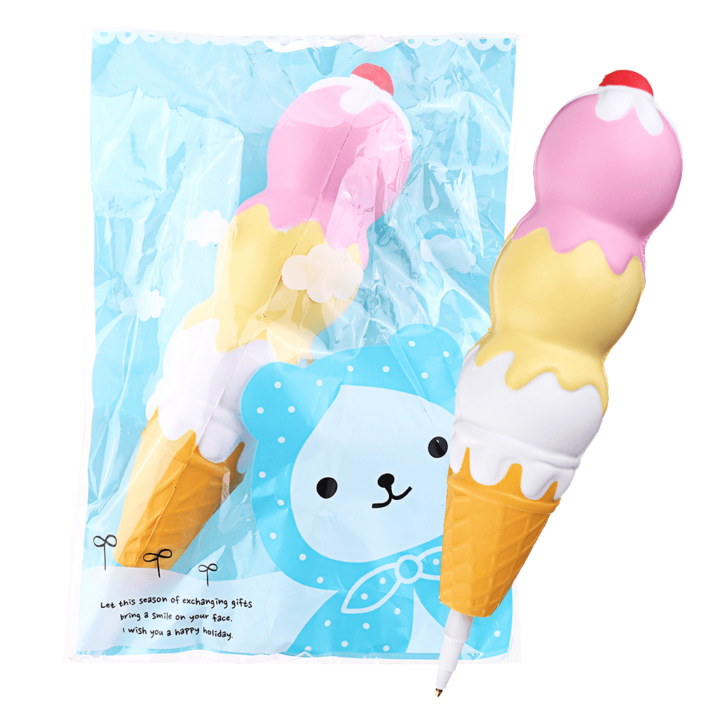 Squishies Pen Cap Ice Cream Cone Squishy Slow Rising Jumbo with Pen Stress Relief Toys Student Office Gift - MRSLM